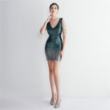 WomensElegant Gradient Sequins V Neck Mini Evening Dress