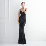 WomenElegant Sequin Backless Fishtail Evening Dress