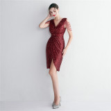 WomenElegant Sequins V Neck Mini Evening Dress