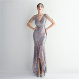 WomenElegant Sequins V Neck Evening Dress