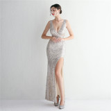 WomenElegant Sequins V Neck SlitEvening Dress