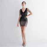 WomensElegant Gradient Sequins V Neck Mini Evening Dress