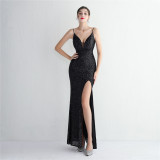 WomenElegant Sequins V Neck Backless SlitEvening Dress