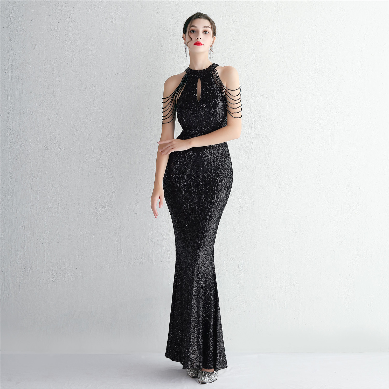 WomenElegant Sequined Halter Neck Evening Dress