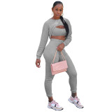 Women Solid Stretch Ribbed Long Sleeve Tank Tops Three-Piece