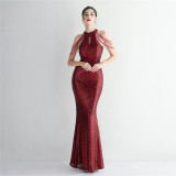 WomenElegant Sequined Halter Neck Evening Dress