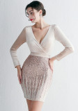 WomenElegant velvet Long Sleeve Sequins V Neck Mini Evening Dress