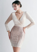 WomenElegant velvet Long Sleeve Sequins V Neck Mini Evening Dress