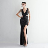 WomenElegant Sequins V Neck SlitEvening Dress