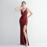 WomenElegant Sequins V Neck Backless SlitEvening Dress