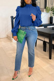 Women Solid Stand Collar Puffed Sleeve Top