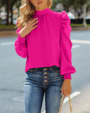 Women Solid Stand Collar Puffed Sleeve Top
