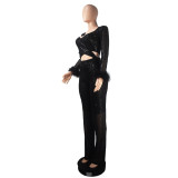 Autumn and winter long sequined feather hollow-out slim long-sleeved party Jumpsuit