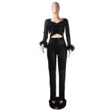 Autumn and winter long sequined feather hollow-out slim long-sleeved party Jumpsuit