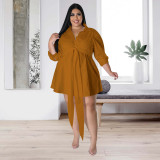 Plus Size Women Sexy Solid Tie Long Sleeve Shirt Dress