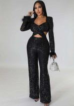 Autumn and winter long sequined feather hollow-out slim long-sleeved party Jumpsuit
