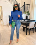 Women Solid Stand Collar Puffed Sleeve Top