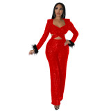 Autumn and winter long sequined feather hollow-out slim long-sleeved party Jumpsuit