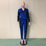 Women Sequin Colorblock Long Sleeve Top and Pant Two Piece Set