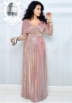 African Women Long Sleeve Shiny Pleated Skirt with Belt African Women Long Sleeve Shiny Pleated Skirt with Belt