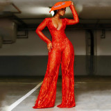 Women Sequin Halter Neck Red Flame Jumpsuit