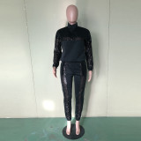Women Sequin Colorblock Long Sleeve Top and Pant Two Piece Set