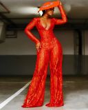 Women Sequin Halter Neck Red Flame Jumpsuit