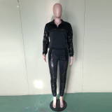 Women Sequin Colorblock Long Sleeve Top and Pant Two Piece Set
