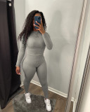 Women'S Two-Piece Set Autumn Winter Solid Color Ribbed Slim Long Sleeve Two Piece Trouser Set