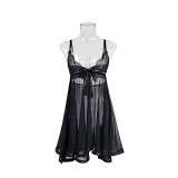 Women Deep V Homewear Underwear Plus Size Sexy Sling Nightdress Bow Meshlace Pajamas