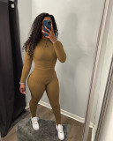 Women'S Two-Piece Set Autumn Winter Solid Color Ribbed Slim Long Sleeve Two Piece Trouser Set