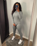 Women'S Two-Piece Set Autumn Winter Solid Color Ribbed Slim Long Sleeve Two Piece Trouser Set