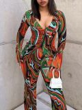 Autumn deep V suit female sexy printed shirt wide-leg pants fashion casual two-piece set