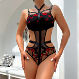 Sexy Girl Embroidered Lips Bodysuit Basic Detachable Buckle