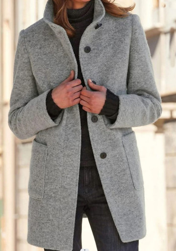 Autumn And Winter Women'S Retro Solid Color Button Stand Collar Coat