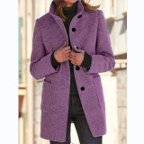 Autumn And Winter Women'S Retro Solid Color Button Stand Collar Coat