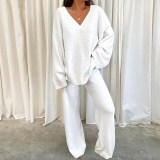 Winter Comfortable Solid Color V-Neck Casual Homewear Warm Two-Piece Pants Set