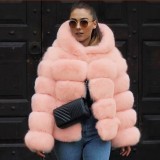 Women Faux Fox Fur With Hood Long Sleeve Jacket