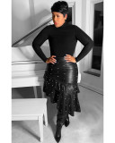 Womens Sexy PU-Leather Ruffled Beaded Bodycon Skirt