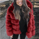 Women Faux Fox Fur With Hood Long Sleeve Jacket