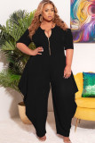 Plus Size Women Solid Zip Short Sleeve Jumpsuit