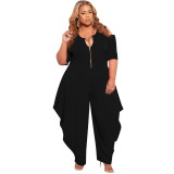 Plus Size Women Solid Zip Short Sleeve Jumpsuit