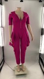 Plus Size Women Solid Zip Short Sleeve Jumpsuit