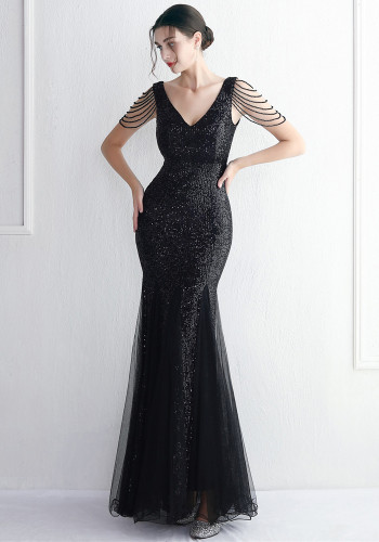 Beaded Mesh Evening Dress Long Formal Party Slim Evening Dress
