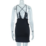 Women's suspenders hollowed out street hipster lace Patchwork slit Bodycon Dress