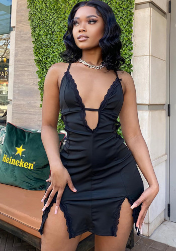 Women's suspenders hollowed out street hipster lace Patchwork slit Bodycon Dress