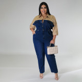 Plus Size Women's Denim Contrast Jumpsuit