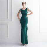 Chiffon Satin Beaded Long Formal Party Slim Evening Dress Chic Elegant Long Annual Meeting Host Dress