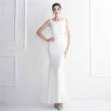Chiffon Satin Beaded Long Formal Party Slim Evening Dress Chic Elegant Long Annual Meeting Host Dress