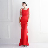 Chiffon Satin Beaded Long Formal Party Slim Evening Dress Chic Elegant Long Annual Meeting Host Dress